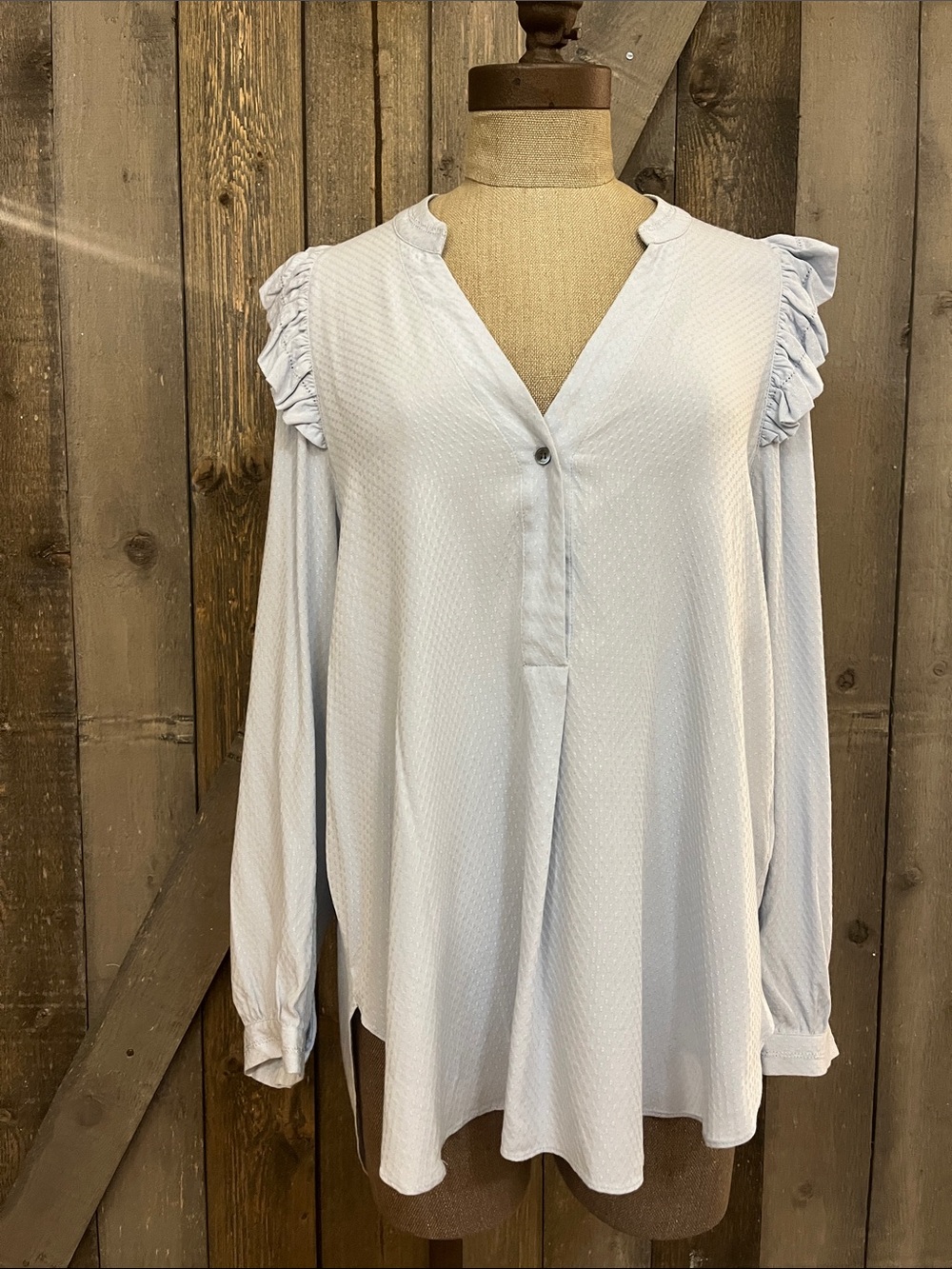 Pale Blue women’s Button-Down Shirt with Ruffle Shoulders